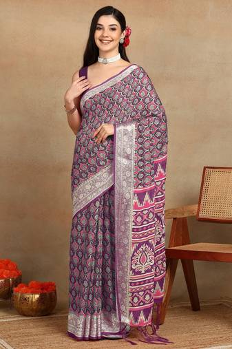 Mirchi fashion block print georgette saree with unstitched blouse piece (purple)