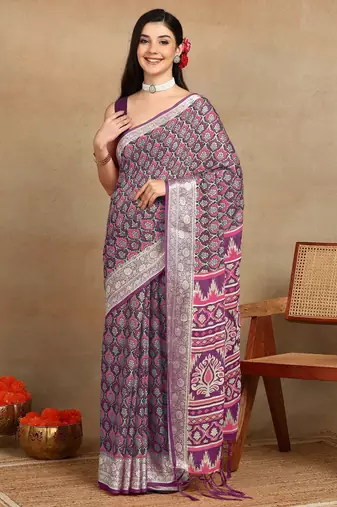 Mirchi fashion block print georgette saree with unstitched blouse piece (purple)
