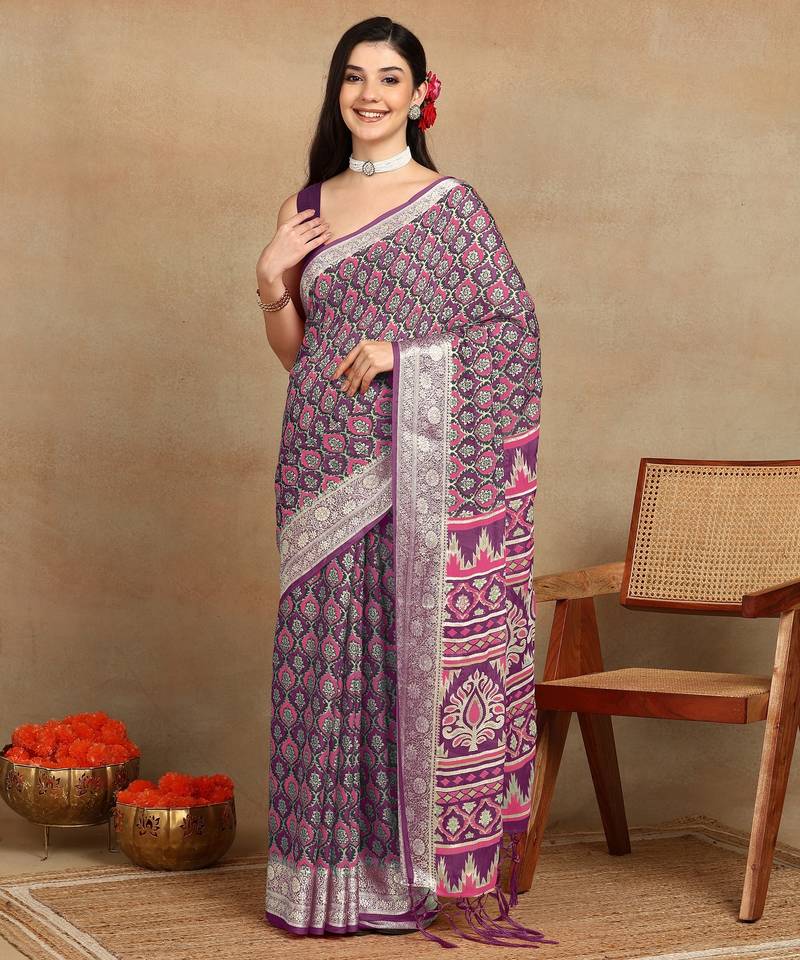 Mirchi fashion block print georgette saree with unstitched blouse piece (purple)