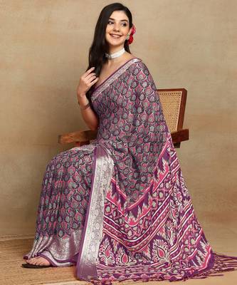 block print georgette saree with unstitched blouse piece (purple) 2