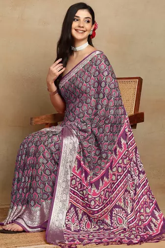 block print georgette saree with unstitched blouse piece (purple)