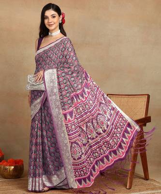 block print georgette saree with unstitched blouse piece (purple) 4