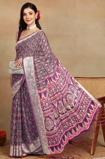 block print georgette saree with unstitched blouse piece (purple)