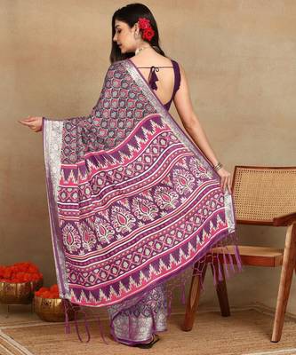 block print georgette saree with unstitched blouse piece (purple) 5