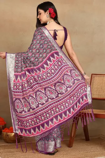 block print georgette saree with unstitched blouse piece (purple)