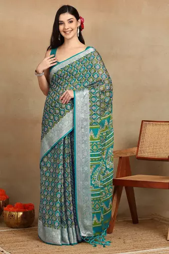 Mirchi fashion block print georgette saree with unstitched blouse piece (green)