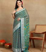 block print georgette saree with unstitched blouse piece (green)