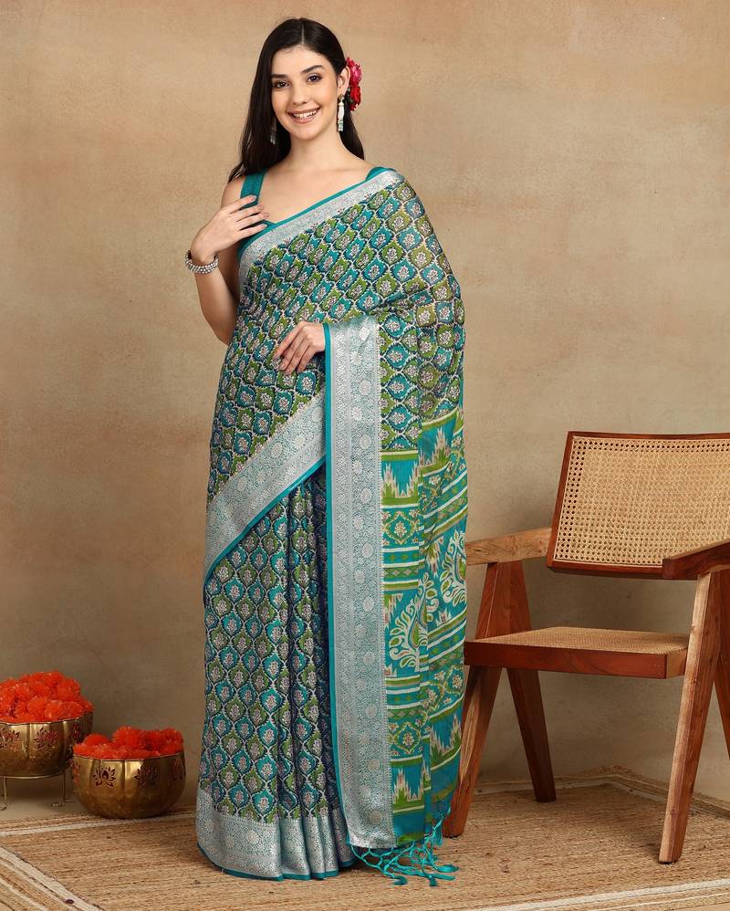 Mirchi fashion block print georgette saree with unstitched blouse piece (green)