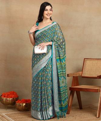 block print georgette saree with unstitched blouse piece (green) 2