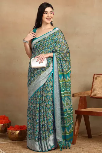 block print georgette saree with unstitched blouse piece (green)