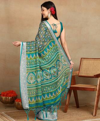 block print georgette saree with unstitched blouse piece (green) 3