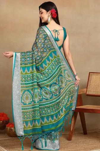 block print georgette saree with unstitched blouse piece (green)