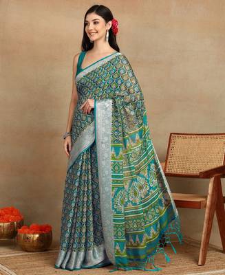 block print georgette saree with unstitched blouse piece (green) 4