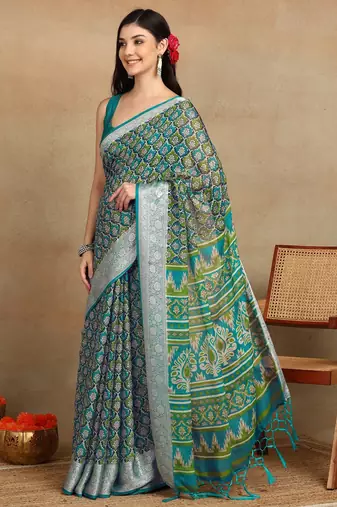 block print georgette saree with unstitched blouse piece (green)