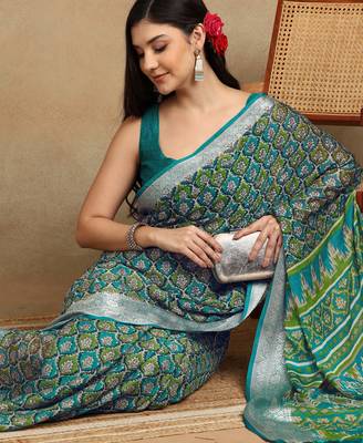 block print georgette saree with unstitched blouse piece (green) 5