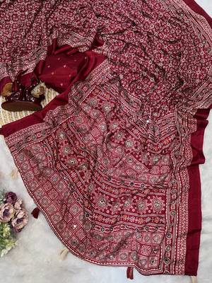 Maroon Color Ajarakh print Zari and Real mirror work Saree Crepe Silk Saree 1