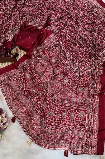 Maroon Color Ajarakh print Zari and Real mirror work Saree Crepe Silk Saree