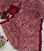 Maroon Color Ajarakh print Zari and Real mirror work Saree Crepe Silk Saree