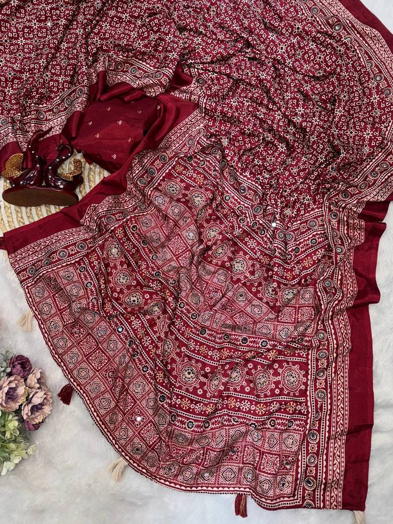 Maroon Color Ajarakh print Zari and Real mirror work Saree Crepe Silk Saree