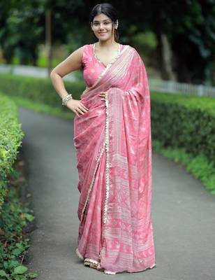 paisle print chiffon saree with unstitched blouse piece (teal) 1