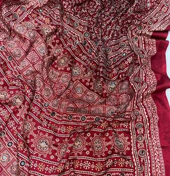 Maroon Color Ajarakh print Zari and Real mirror work Saree Crepe Silk Saree 2