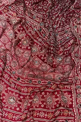 Maroon Color Ajarakh print Zari and Real mirror work Saree Crepe Silk Saree
