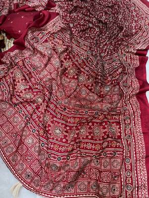Maroon Color Ajarakh print Zari and Real mirror work Saree Crepe Silk Saree 3