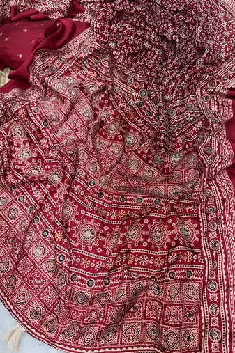Maroon Color Ajarakh print Zari and Real mirror work Saree Crepe Silk Saree