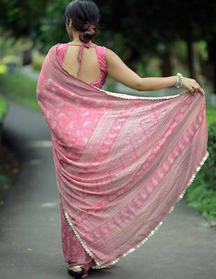 paisle print chiffon saree with unstitched blouse piece (teal) 3