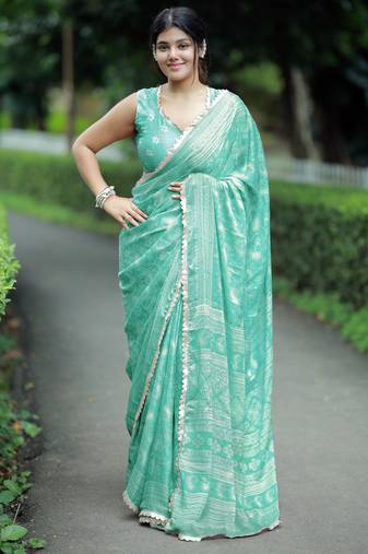 Mirchi fashion paisle print chiffon saree with unstitched blouse piece (turquoise)