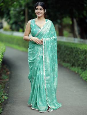 paisle print chiffon saree with unstitched blouse piece (turquoise) 2