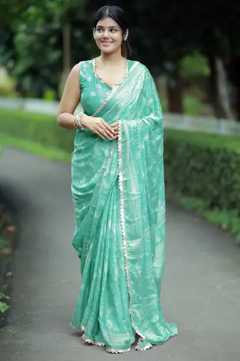 paisle print chiffon saree with unstitched blouse piece (turquoise)