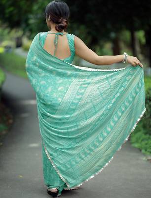 paisle print chiffon saree with unstitched blouse piece (turquoise) 3