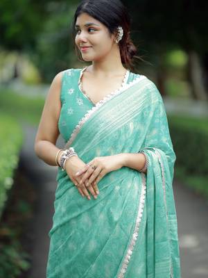 paisle print chiffon saree with unstitched blouse piece (turquoise) 5