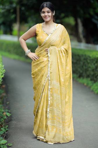 Mirchi fashion paisle print chiffon saree with unstitched blouse piece (yellow)