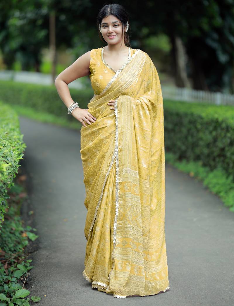 Mirchi fashion paisle print chiffon saree with unstitched blouse piece (yellow)