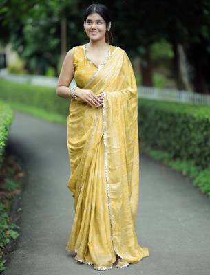 paisle print chiffon saree with unstitched blouse piece (yellow) 2