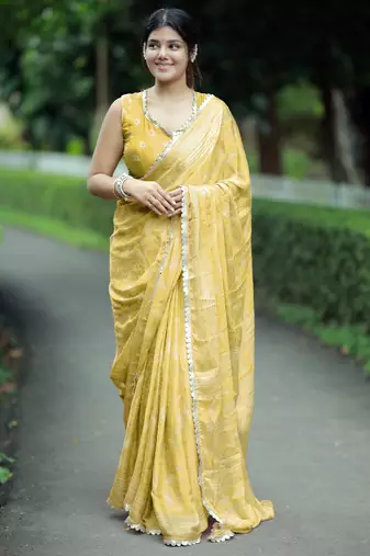 paisle print chiffon saree with unstitched blouse piece (yellow)