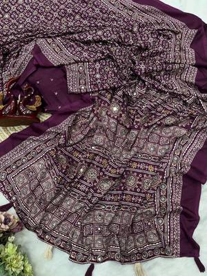 Plum Color Ajarakh print Zari and Real mirror work Saree Crepe Silk Saree 1