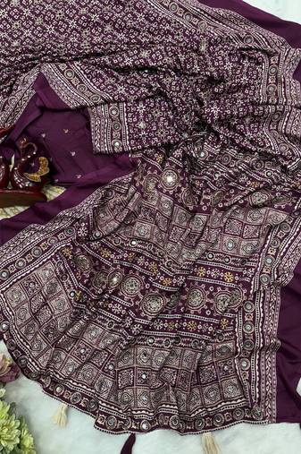 Plum Color Ajarakh print Zari and Real mirror work Saree Crepe Silk Saree