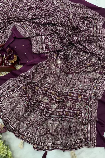 Plum Color Ajarakh print Zari and Real mirror work Saree Crepe Silk Saree