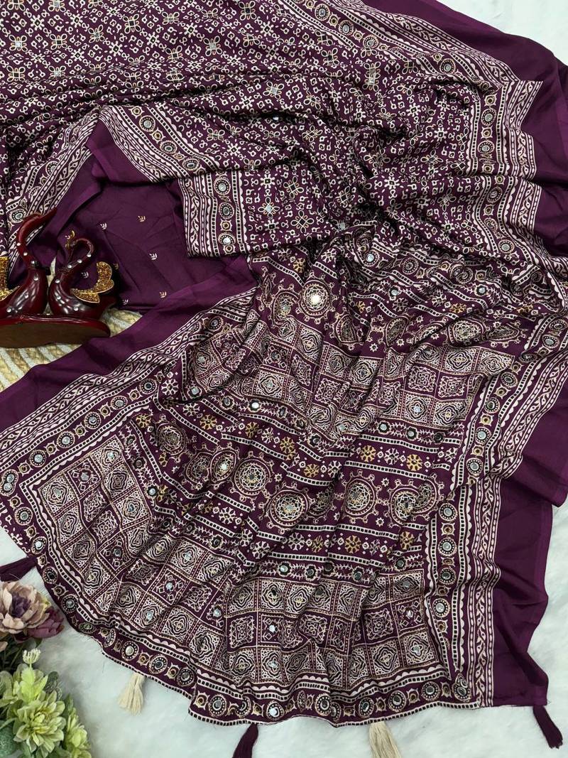 Plum Color Ajarakh print Zari and Real mirror work Saree Crepe Silk Saree