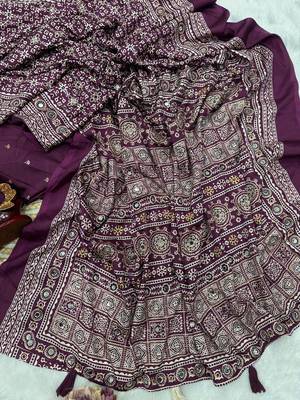 Plum Color Ajarakh print Zari and Real mirror work Saree Crepe Silk Saree 2