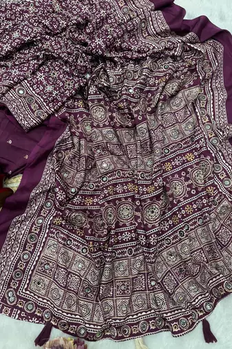 Plum Color Ajarakh print Zari and Real mirror work Saree Crepe Silk Saree