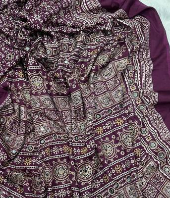 Plum Color Ajarakh print Zari and Real mirror work Saree Crepe Silk Saree 3