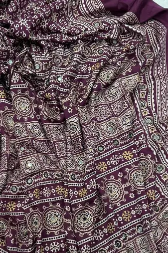 Plum Color Ajarakh print Zari and Real mirror work Saree Crepe Silk Saree