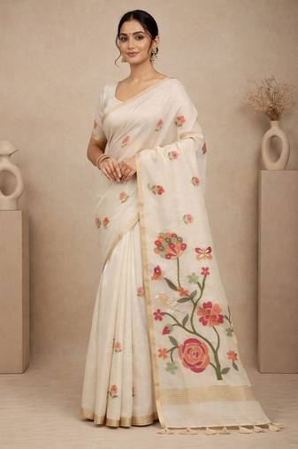 White Color Zari Weaving  cotton Saree