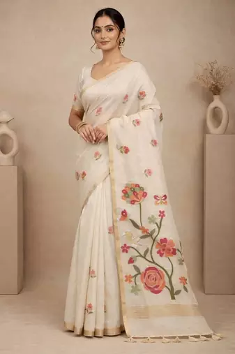 White Color Zari Weaving  cotton Saree