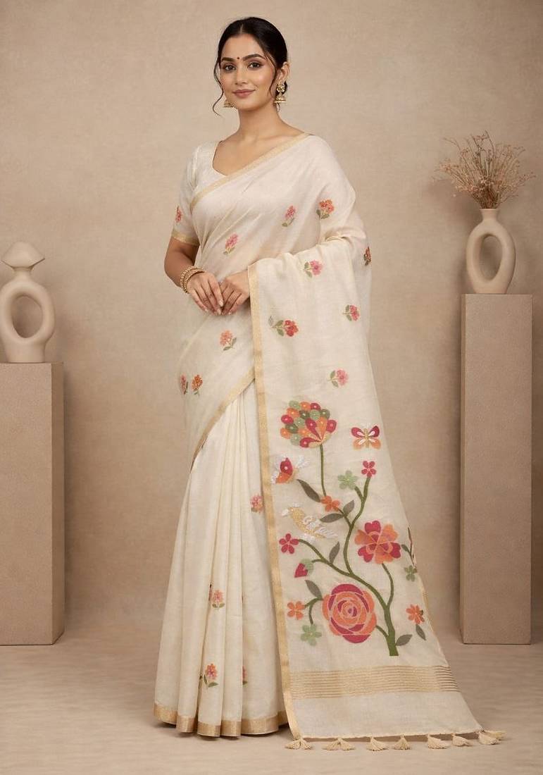 White Color Zari Weaving  cotton Saree