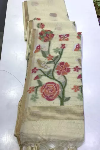 White Color Zari Weaving  cotton Saree